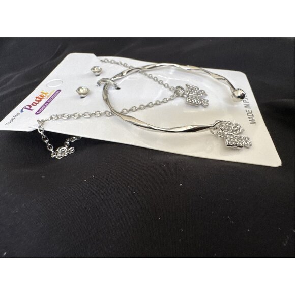 Silvertone Necklace Trio (Set of 3) CZ Necklace Earrings Bracelet BOW Charms NEW - Picture 5 of 7